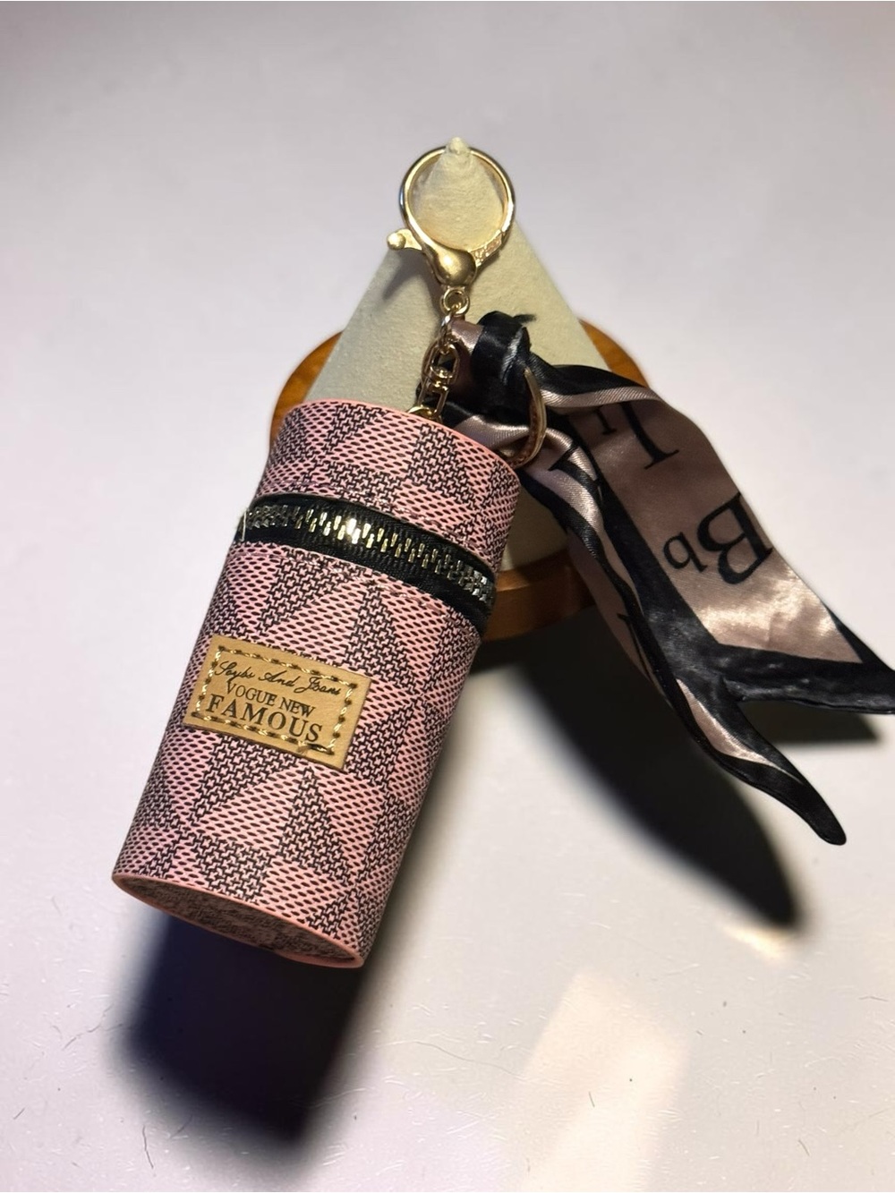 Famous Pink Patterned Keychain Pouch with Scarf Accent NIP